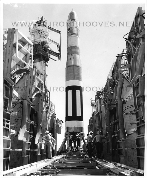 Thought to be Captive Firing Stand 2 in operational status-- one of four captive firing stands at the Martin Denver facility, photo shows the missile from the retracted gantry. Taken: April 1959. Source: Martin Co. martin_test_stand_front_001-1.jpg